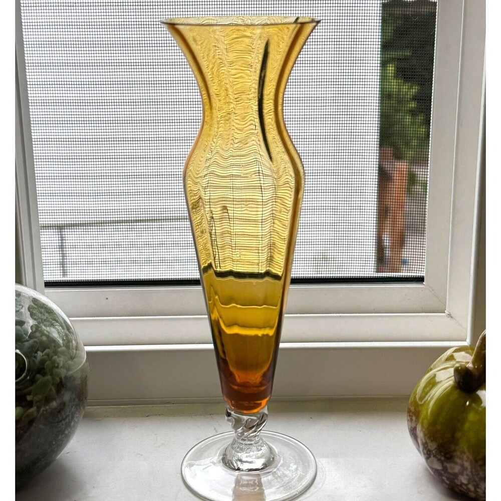 Vtg Brinn's PA Glass Amber Bud Vase Clear Footed Delicate MCM Japan HandBlown 8"